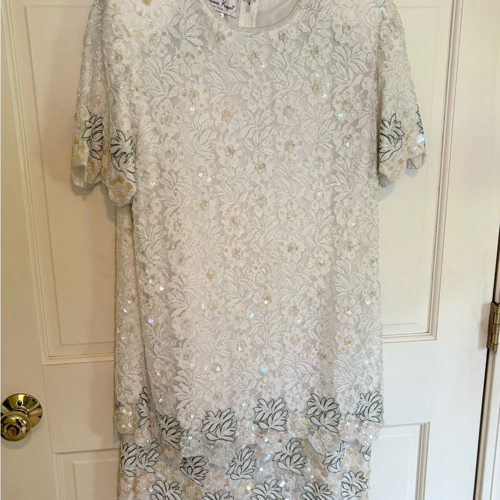 Laurence Kazar White Sequin Beaded Dress